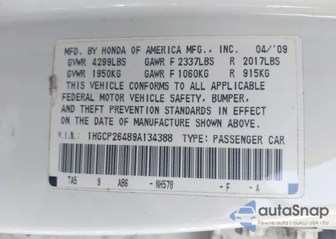 2009 Honda Accord Lxp из США, поврежденный, VIN 1HGCP26489A134388